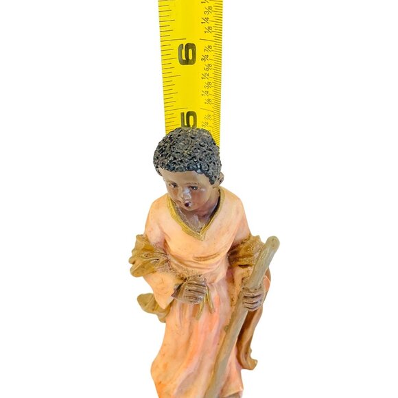 Handcrafted 5" Resin Figurine Of Shepherd Boy Holding Staff In Orange Robes 5" - Picture 6 of 11